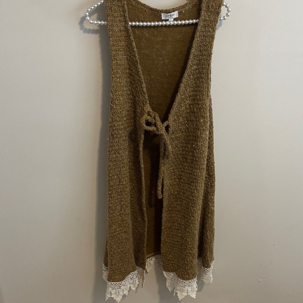 Umgee Boho Knit Long Duster Vest Lace Trim Front Tie Mustard Yellow Women Large